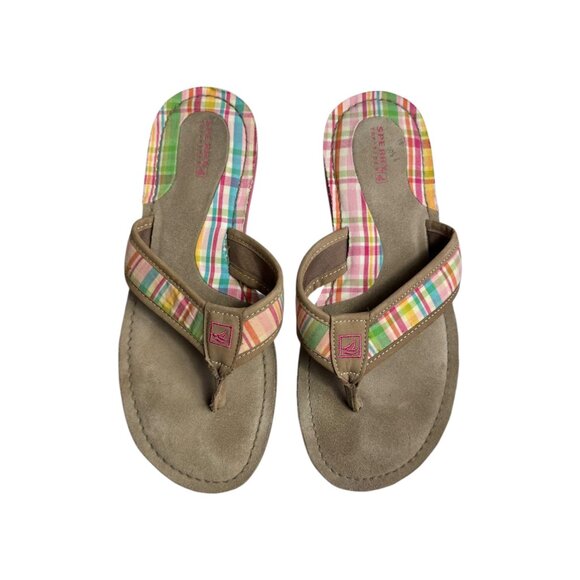 Sperry Top Sider Womens Sz‎ 8 Pink Plaid Suede Leather Sandals Flip Flops Summer - Picture 3 of 11